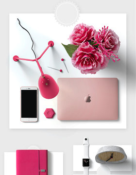 粉色女性时尚办公桌摆件用品样机素材