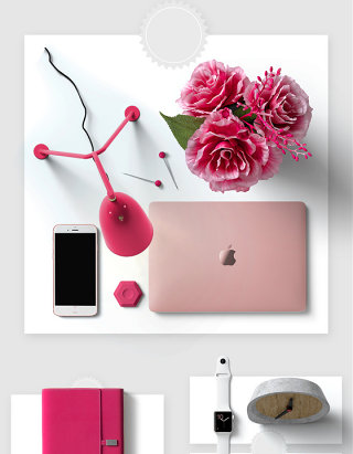 粉色女性时尚办公桌摆件用品样机素材
