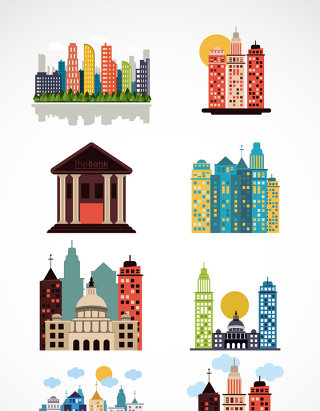 彩色几何城市建筑剪影素材
