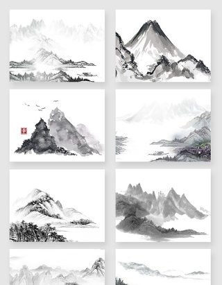 黑白中国风山水水墨画素材