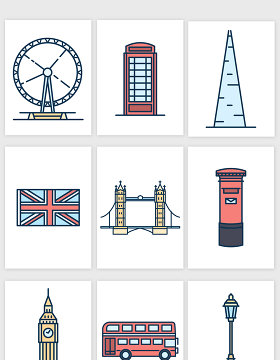 英国象征性建筑物标志特征插画矢量图形