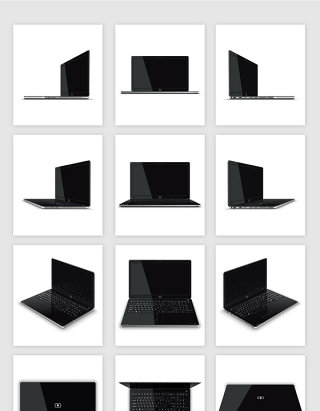 矢量各种角度黑色笔记本电脑