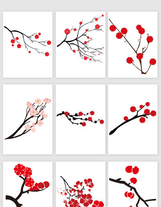 红色梅花树枝矢量素材