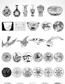 虫鱼鸟兽花瓶花纹矢量图形