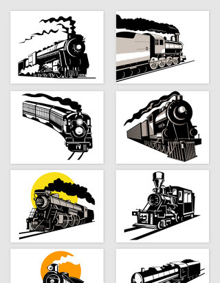 矢量黑色手绘老式火车列车剪影插图