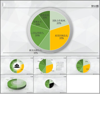 银灰低面背景黄绿清新饼图图表PPT模板