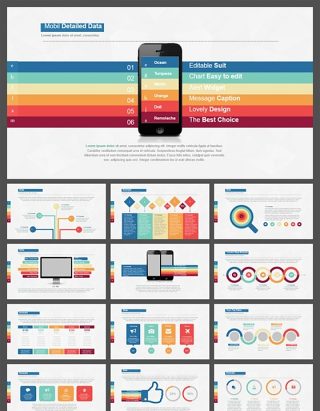 多彩六色扁平化手机图表PPT模板