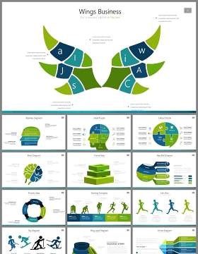 蓝绿配色扁平化羽翼翅膀创意造型图表PPT