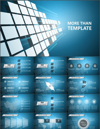 正方形立体化视觉速度感创意封面经典蓝商务工作总结ppt模板