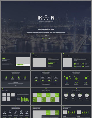 城市夜景封面扁平化蓝灰背景绿色商务PPT