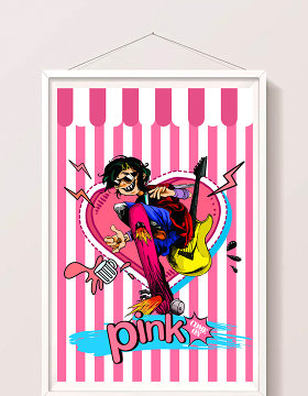 粉色涂鸦朋克风漫画滑板男孩街头时尚插画