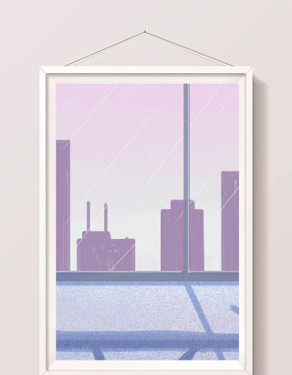 卡通扁平紫色窗外城市风景