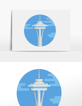 扁平城市风景西雅图太空针塔手绘元素插画