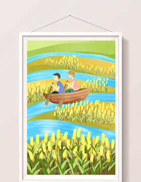 清新黄色孩子们暑假水面游玩划船插画