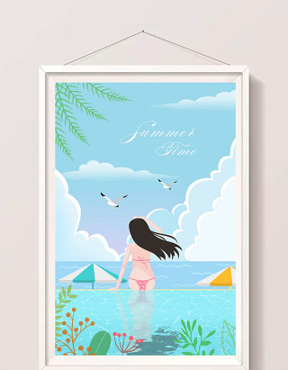 唯美清新暑期少女比基尼海边度假风景插画