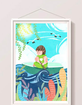 可爱女孩暑天水面划船插画