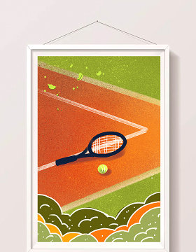 暖色卡通手绘扁平手绘网球插画素材手绘背景