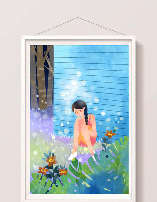 蓝色水彩仲夏夜女孩在院子歇息插画