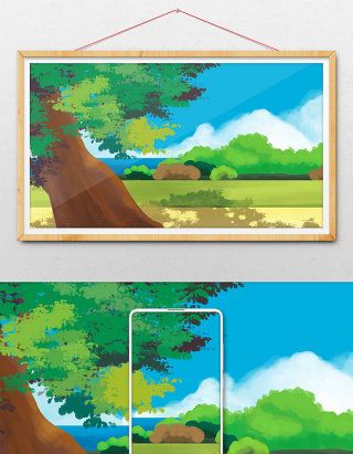 唯美清新绿色系海边的大树手绘插画背景