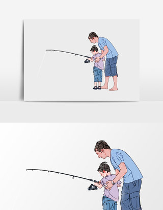 手绘漫画爸爸女儿钓鱼