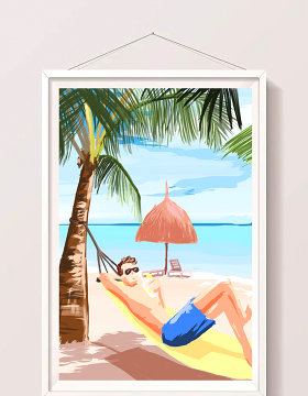 清新水彩手绘风格沙滩度假插画