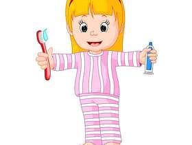卡通一个刷牙她的牙齿的年轻女孩