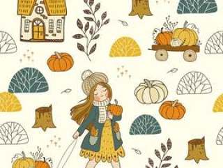BACKGROUND WITH AUTUMN ELEMENTS AND GIRL