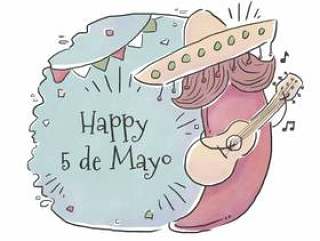 可爱的墨西哥胡椒字符与胡子和墨西哥帽子弹吉他Cinco德梅奥日