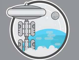 空间电梯标志插画与地球，行星和明星。