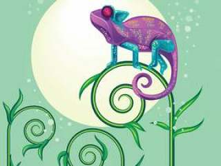 站在植物上的美丽的紫色变色龙蜥蜴