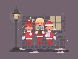唱圣诞颂歌的小孩在街道例证