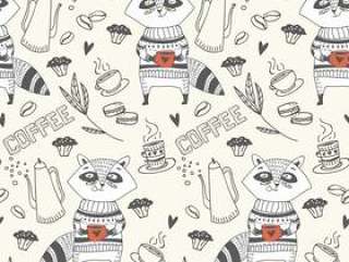 SEAMLESS PATTERN OF CUTE DOODLE RACCOON WITH COFFEE