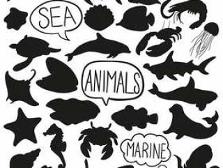 Sea Water Animals Doodle Silhouette Vector Clip Art