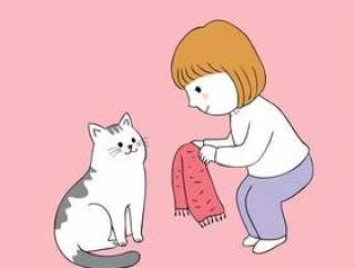 卡通可爱的小女孩分享猫矢量的围巾。
