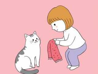 卡通可爱的小女孩分享猫矢量的围巾。
