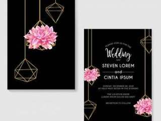 Wedding invitations dahlia watercolor and geometric gold