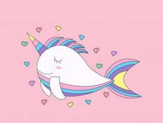 Cute fish unicorn cartoon hand drawn style
