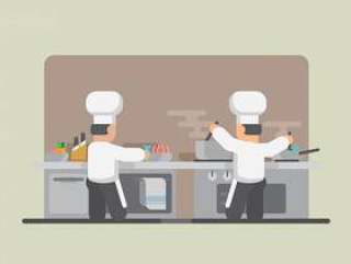 大虾烹饪。餐馆例证。厨师做饭。