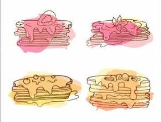 矢量煎饼插画。 4手绘煎饼与多彩飞溅的集合。