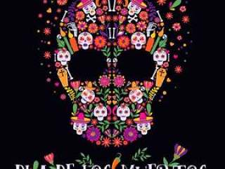 Vector illustration of an ornately decorated Day of the Dead Dia de los Muertos skull.