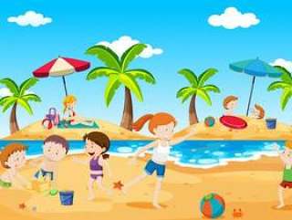 在夏天在海滩玩耍的孩子
