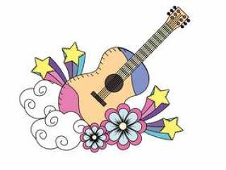 Guitar instrument of music with flowers and stars