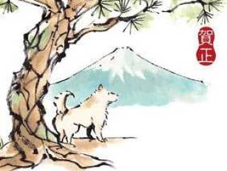 可以使用的新年贺卡“柴犬和富士山”