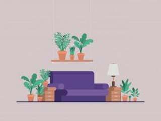 客厅与室内盆栽植物和灯