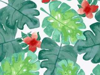 Watercolor tropical leaves pattern with red flowers