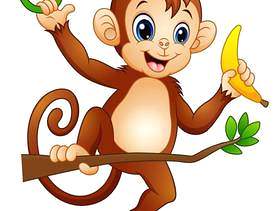 在分支树和拿着香蕉的动画片猴子