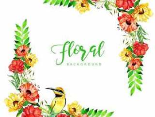 Watercolor Floral Frame Background With Bird