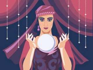 算命先生女人阅读未来在魔法水晶球上的插图