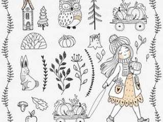SET OF HAND DRAWN FOREST ELEMENTS. GIRL WITH PUPMKIN