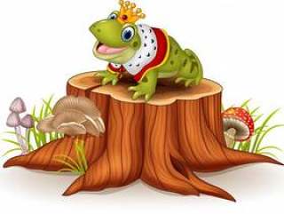 动画片滑稽的青蛙国王坐树桩